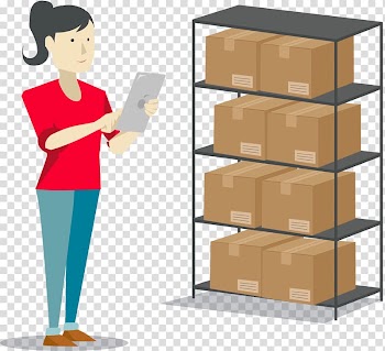 Woman holding tablet in front of boxes on shelf, Inventory management software management Sales, warehouse transparent background PNG clipart