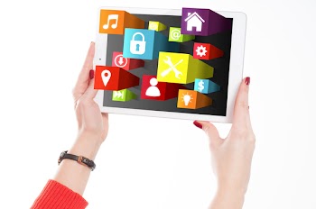  Woman Holding Tablet with App Icons 