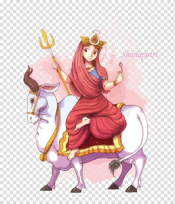 Woman holding trident while riding on horned animal animated illustration, Parvati Navadurga Navaratri Shailaputri, Agni transparent background PNG clipart
