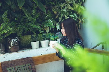 Woman Holding White Clay Pot With Green Plant Sitting Near White Painted Wall