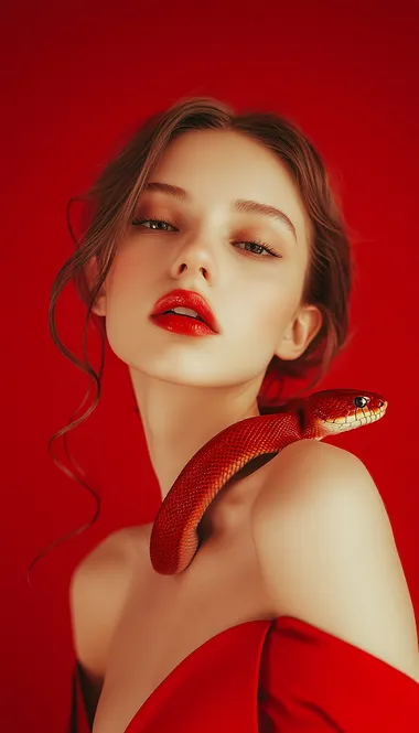 Woman in a red dress with snake in studio portrait, stylish fashion shot Woman in a red dress with snake in studio portrait, stylish fashion shot