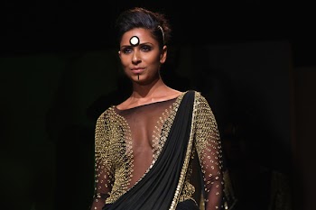 Woman in B Lack and Brown Scoop-neck Dress