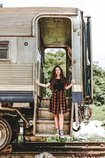 Woman in Black and Brown Checkered Dress Standing On The Doorway Of A Train