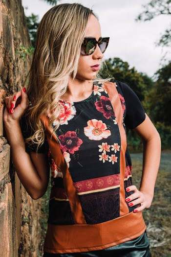 Woman in Black and Pink Floral Crew-neck Dress