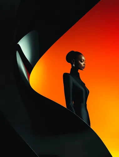 Woman in Black Dress Surrounded by Dreamlike Sky, Motion Blur Effect Woman in Black Dress Surrounded by Dreamlike Sky, Motion Blur Effect