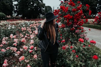 woman in black suit jacket and hat near field of pink and red roses