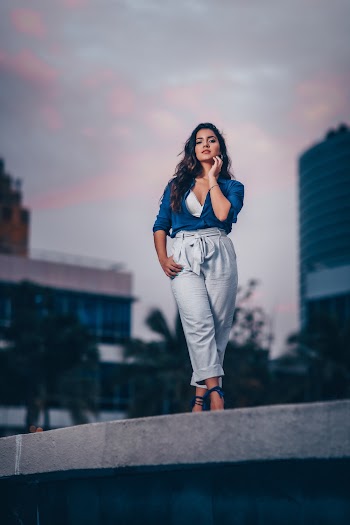 Woman in Blue and White Casual Wear