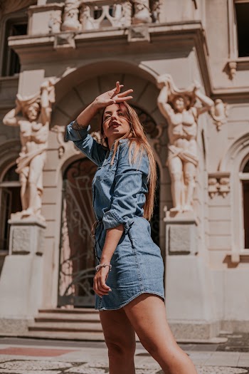 Woman in Blue Denim Long-sleeved Dress