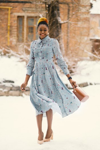 Woman In Blue Long-sleeved Dress
