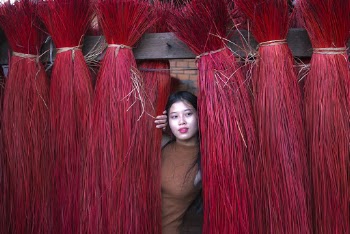Woman in Brown Tank Top on Red Straw