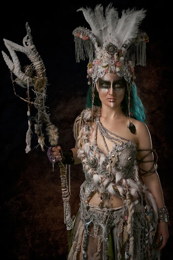 Woman in Gray and White Costume