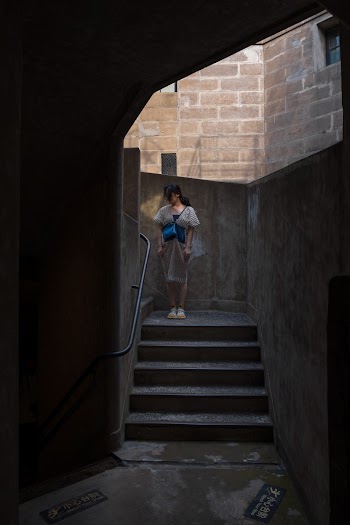 Woman in Gray Dress Standing  in Stairs
