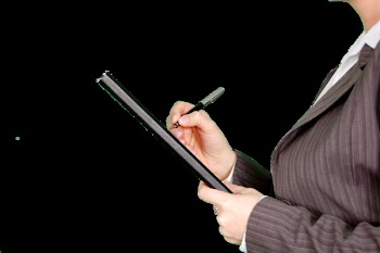 Woman in Gray Pinstripe Blazer Holding Black and Gray Stylus Pen and Black Pad