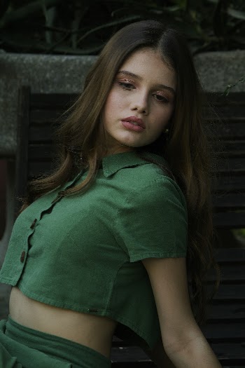 Woman in Green Button-up Crop-top Dress Shirt