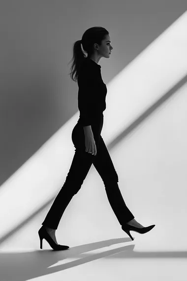 Woman in High Heels Walking on White Floor with Isolated Shadow