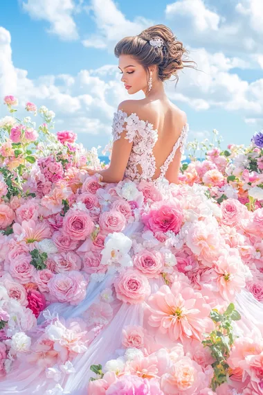 Woman in pink floral dress poses gracefully in vibrant spring field