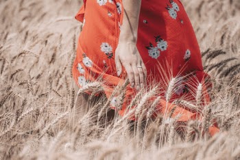 Woman in Red and White Floral Dress in Brown Wheat Field