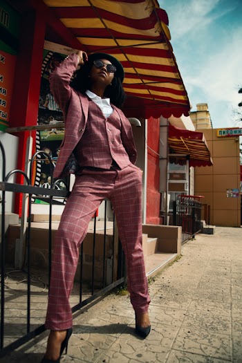 Woman in Red Blazer With Waistcoat and Dress Pants Set