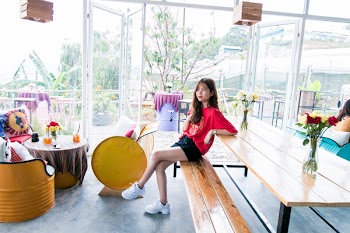 Woman in Red Crew-neck T-shirt and Blue Short Shorts Sitting on Bench