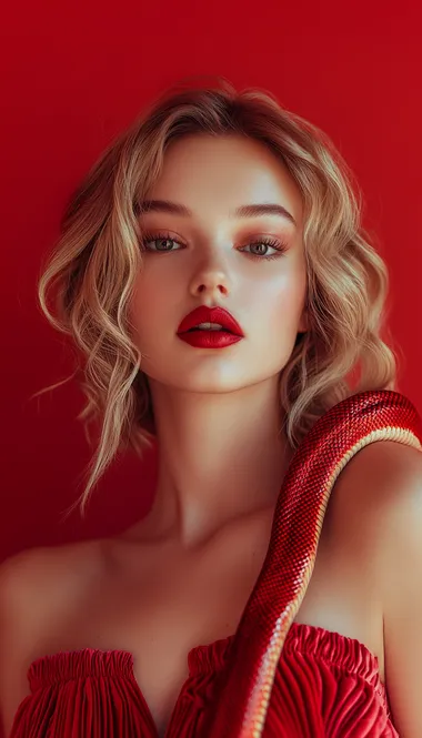 Woman in Red Dress with Snake, Fashion Portrait in Studio Setup Woman in Red Dress with Snake, Fashion Portrait in Studio Setup