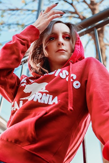 Woman In Red Pullover Hoodie