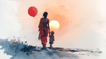Woman in Sari and Child at Sunset