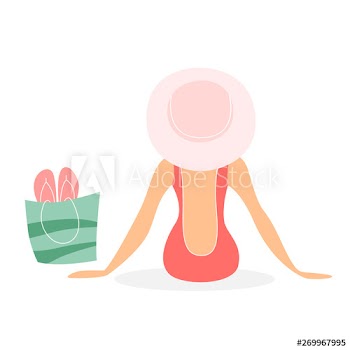 Woman in swimming suit and hat sitting on the beach