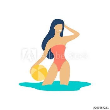 Woman in swimsuit standing with a ball in water