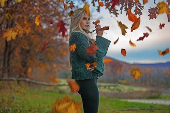 Woman In Teal Knit Sweater Under Maple Tree