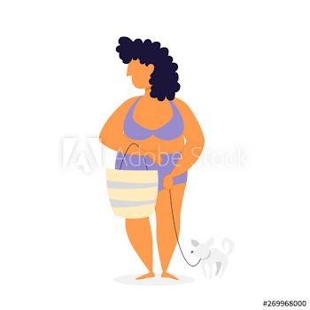 Woman in the swimming suit standing with a little dog