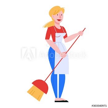 Woman in uniform cleaning the floor with a broom