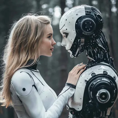 Woman in White Suit Holding Hands with Robot in Urban Setting