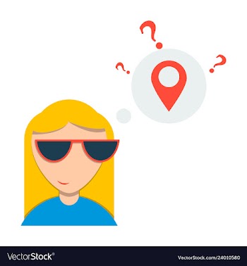 Woman is standing close to big map pointer our vector image