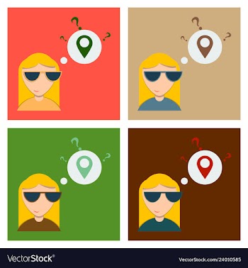 Woman is standing close to big map pointer our vector image