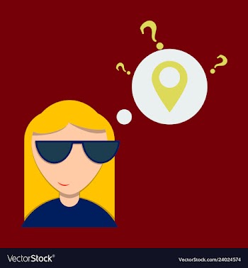 Woman is standing close to big map pointer our vector image