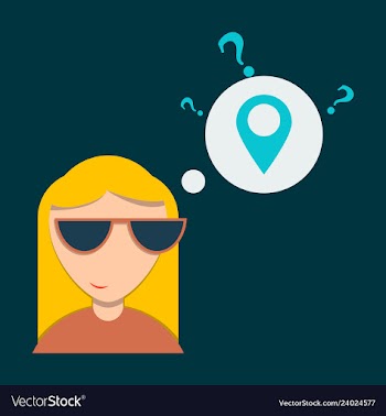Woman is standing close to big map pointer our vector image