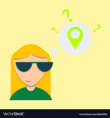 Woman is standing close to big map pointer our vector image