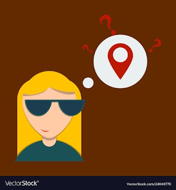 Woman is standing close to big map pointer our vector image
