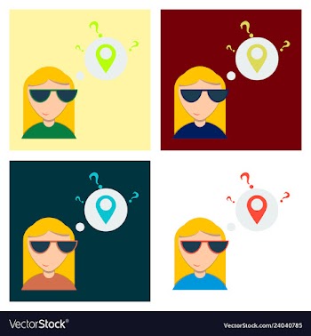 Woman is standing close to big map pointer our vector image