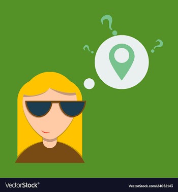 Woman is standing close to big map pointer our vector image