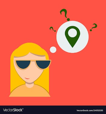Woman is standing close to big map pointer our vector image