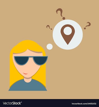 Woman is standing close to big map pointer our vector image