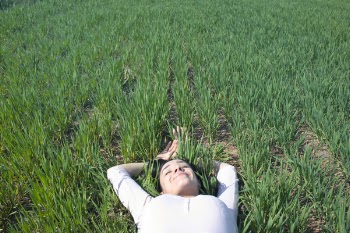 Woman Laying on Field of Green Grass