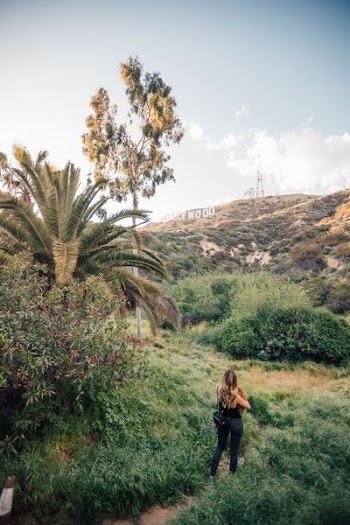 woman looking at the Hollywood signage during day time