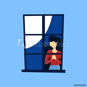 Woman looking out of the closed window