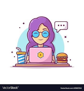 woman operating laptop with burger and soft drink