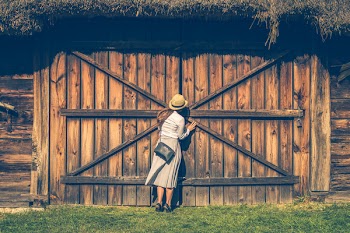 Woman Peaking on Brown Wooden Gate