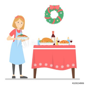 Woman prepare christmas dinner and serve the table