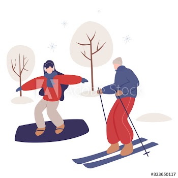 Woman riding snowboard and man skiing