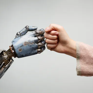 Woman's Hand Competing Against a Robot Hand in Arm Wrestling Woman's Hand Competing Against a Robot Hand in Arm Wrestling